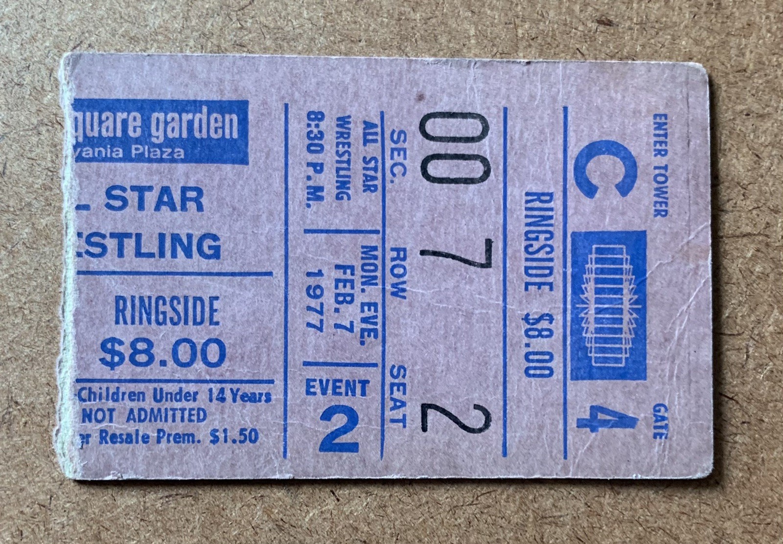 2/7/77 Ticket Stub - WWF Wrestling Bruno Sammartino Vs Ken Patera +++