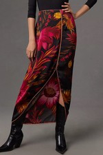 New Farm Rio x Anthropologie Wrap Front Slit XXS Pink Black Floral Silky Midi