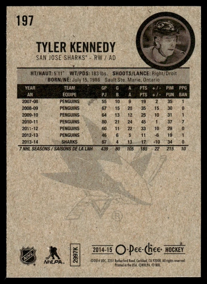 2014-15 O-Pee-Chee Red Tyler Kennedy San Jose Sharks #197 - Image 2 of 2