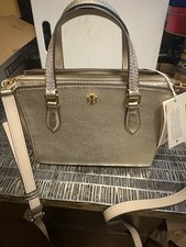 Tory Burch Metallic Gold Satchel Detachable Strap Logo Zipper Accents Women's