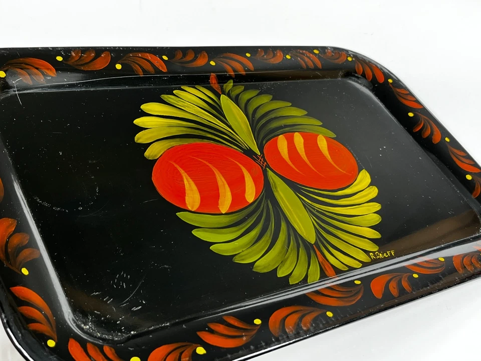 Bandeja Tole vintage pintada a mano arte popular Pennsylvania firmada en holandés Foto 2 de 4