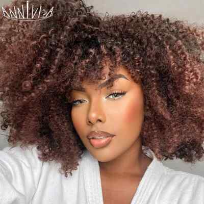 Synthetic Afro Kinky Curly Wig With Bangs 14Inch Short Brown