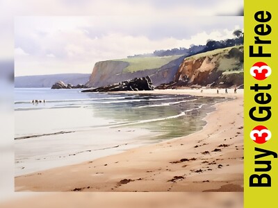 ''Seaside Serenity: Atemberaubender Aquarelldruck von Strand von Cliff and Hill 5''''x7''