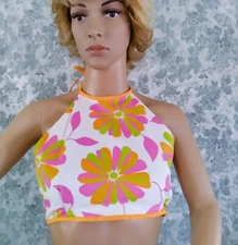 Groovy Flower Power Print Fabric Tie Back Halter, new retro look. orange ties