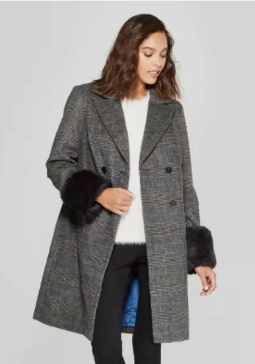 NEW 69.99 A New Day Wool Plaid Gray Double Breasted Coat Faux Fur Sleeves Sz S