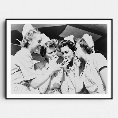Nurses Lighting Up Smoking a Cigarette Black and White Wall Art Poster  Print