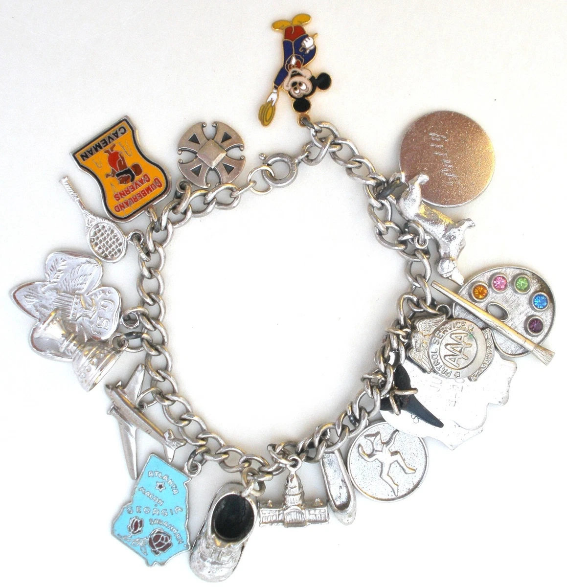 Sterling Silver Link Charm Bracelet 18 Charms Vintage Enamel Girl Scout  Georgia