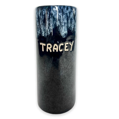 Tracey Personalized Name Van Briggle Dark Blue Drip Glaze Tumbler Cup Pottery