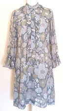 VTG Betty Hartford  Gray Muted Floral Print Shift Dress Ruffle Full Sleeve Sz M