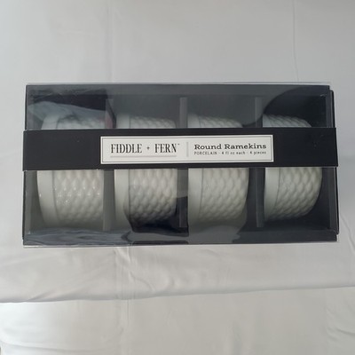Fiddle + Fern Small Round Ramekins Set of 4 White Honeycomb Porcelain 4 fl oz ea
