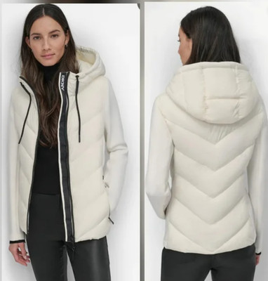 DKNY Women's Hooded Puffer Jacket Scuba Sleeves White Size L