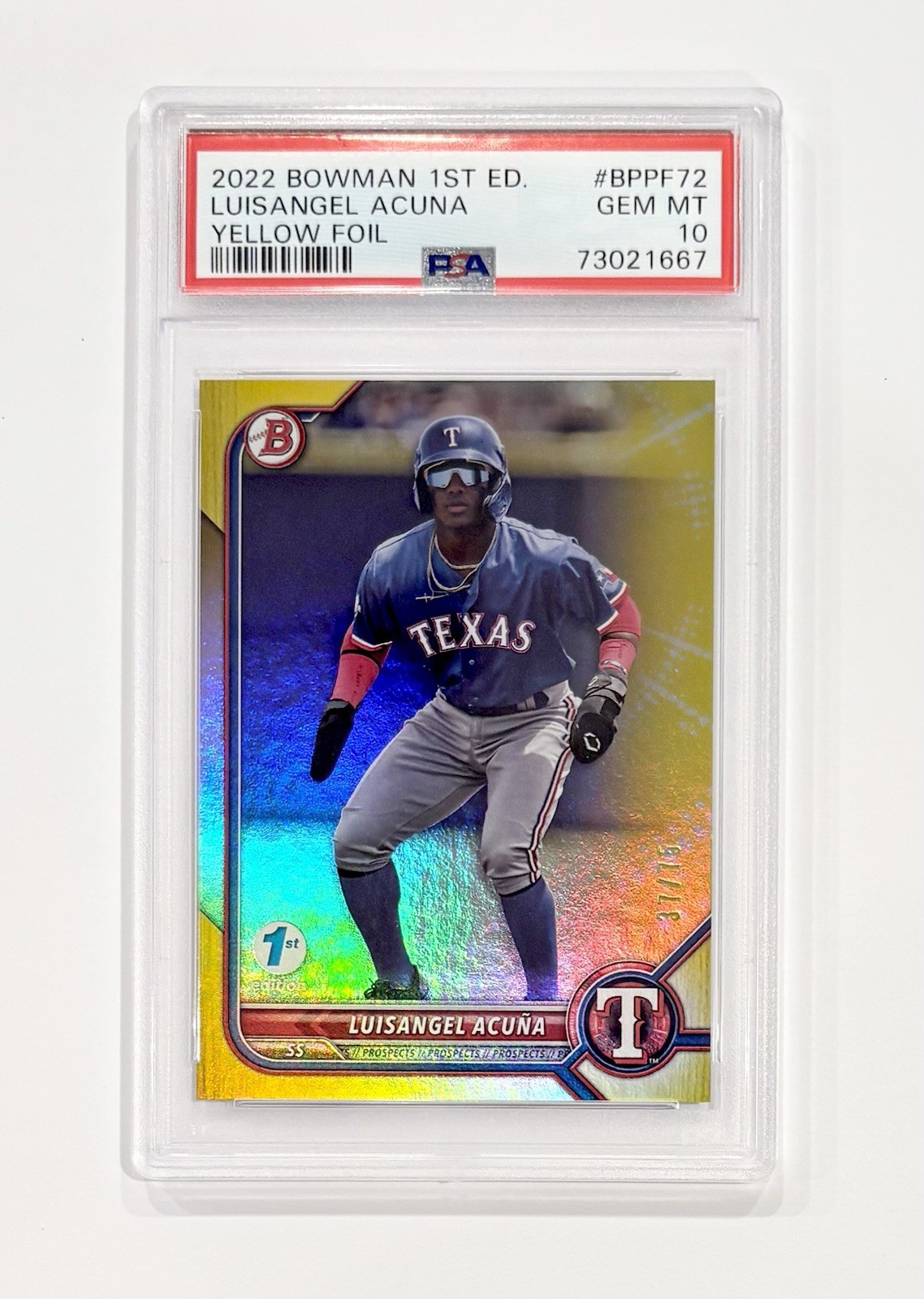 2022 Bowman 1st Edition Luisangel Acuna #BPPF-72 Yellow Foil /75 PSA 10 Gem Mint