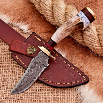 Custom Damascus Fix Blade Hunting Skinner Knife Original Stag Antler Handle
