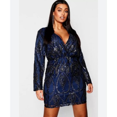 NWT Boohoo Navy Blue Silver Sequin Paisley Embroidered Mini Dress