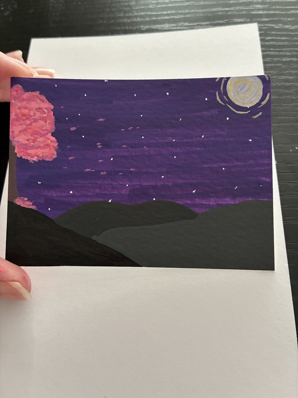 ACEO Original, Pink Starry Night  Mini Art Painting, Acrylic on Paper