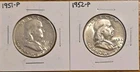 Lot of 2 - 1951-P & 1952-P Franklin Silver Half Dollars - 90% Silver 50c US...