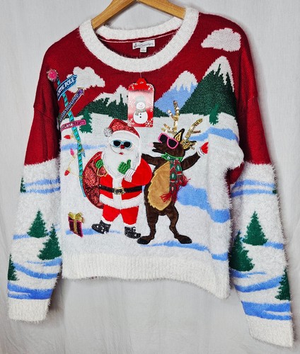 Ugly Christmas Sweater Women's Santa Reindeer Sunglasses Embellished Large NWT