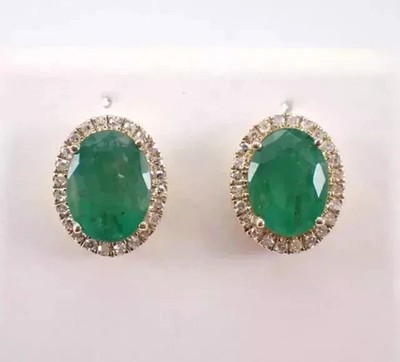 Natural Green Emerald 3.25 Ct Oval Cut Halo Stud Earrings 14K Yellow Gold Solid