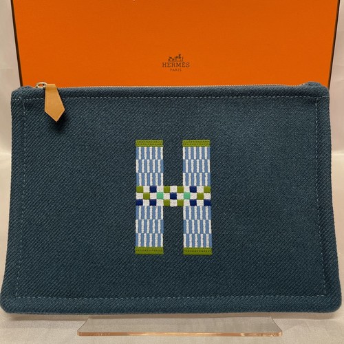 Hermes H Logo Flat Pouch Leather Blue From Japan