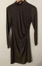 Oasis Black / Gold Sparkly Stretch Bodycon Ruched Waist Long Sleeve Dress. Small