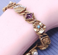 Vintage 1960s Goldette NY Multi color Rhinestone Gold tone Bracelet 7