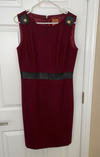 Tory Burch sheath dress size 10, wool with real leather trim, gold logo buttons