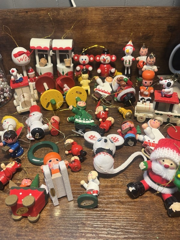 Assorted Wooden Christmas Ornament Lot, Multicolor Decorative Hanging Figures