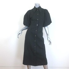 GANNI Pinstriped Puff Sleeve Midi Shirtdress Black Stretch Twill Size 32