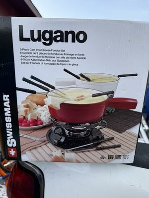 Swissmar Lugano 2L / 2 Qt 9-Pc Cast Iron Fondue Set Matte Black W/6 forks