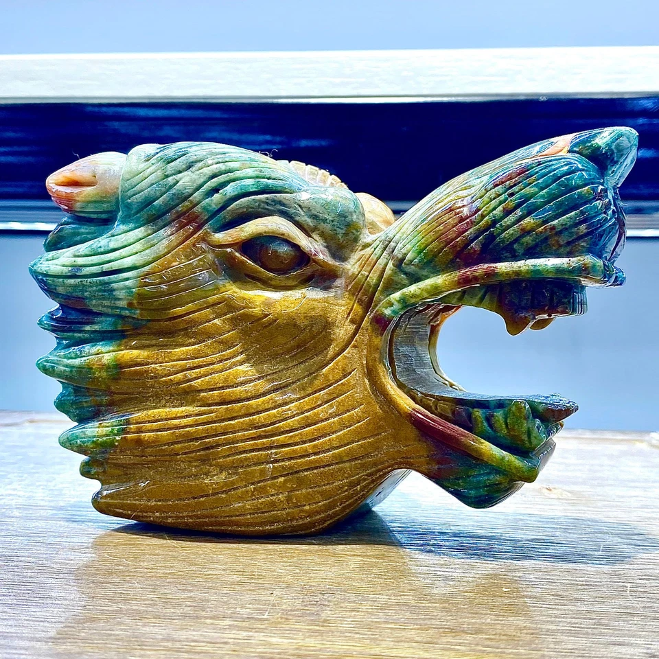 Cabeza de lobo jaspe océano - Escultura de cristal curativo amarillo verde - 966G - Imagen 4 de 4