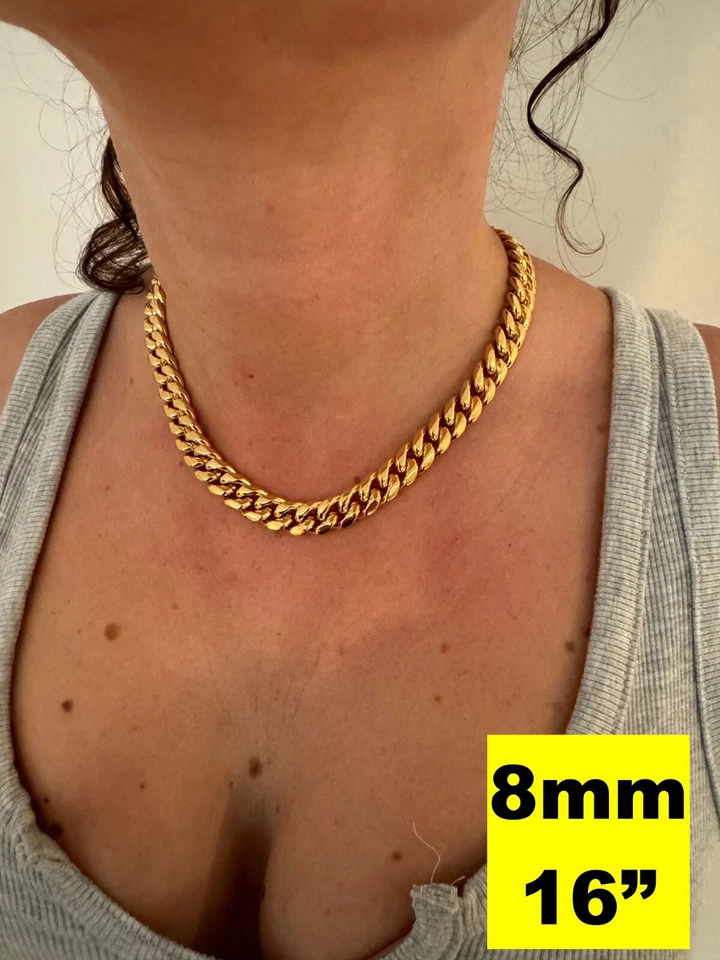 Miami Cuban Link Chain Necklace Bracelet 14k Gold Plated Stainless Steel 4-18mm - Image 3 of 4