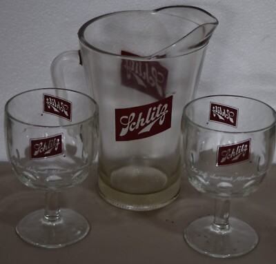 Schlitz Heavy Glass Pitcher And 2 GOBLETS