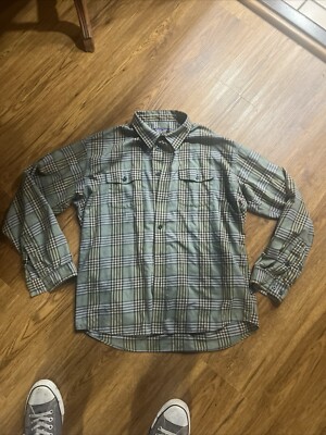 Patagonia Men Size Larga Button Shirt Blue Gray Plaid Long Sleeve Cotton
