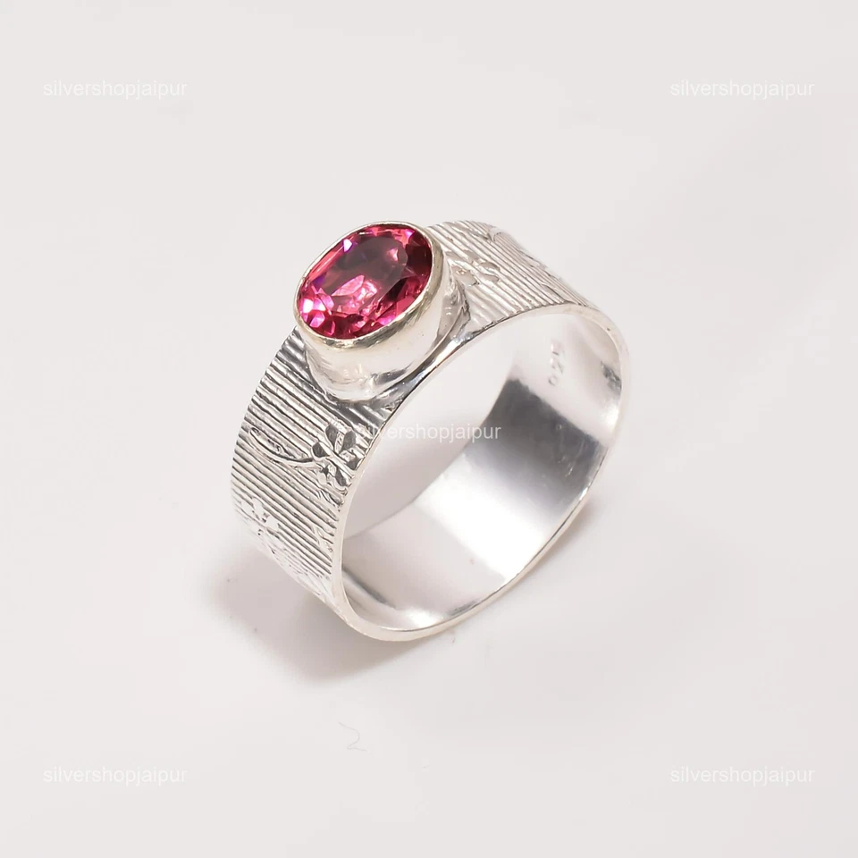 Faceted Natural Pink Tourmaline Birthday Boho Statement Ring Jewelry 925 Silver - Image 4 of 4