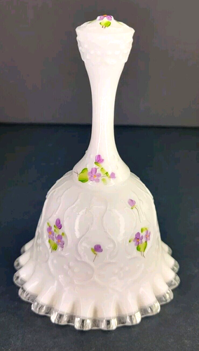 Vintage Fenton Milk Glass Bell Spanish Lace Violets In Snow Handpainted Signed