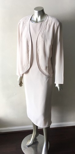 Beaded Crepe 2 Piece Long Beige Nude Dress Cardigan Jacket Formal Dress Suit 8 - Picture 3 of 6