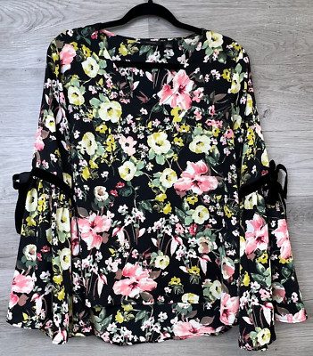 Halogen Blouse Womens Small Black Pink Floral 3/4 Bell Sleeve Bows Lightweight