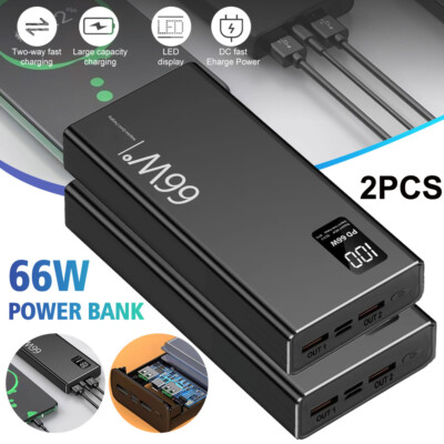2PCS 40000mAh Power Bank Fast Charging 66W USB Portable External Battery Charger