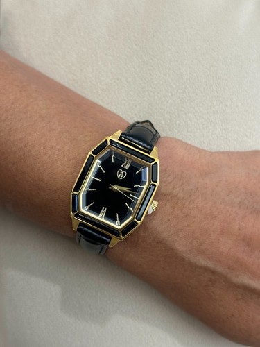 Orologio Stile Art Déco In Onice Nero Acciaio Inox/Tono Oro con Cinturino in Pelle - Foto 3 di 8