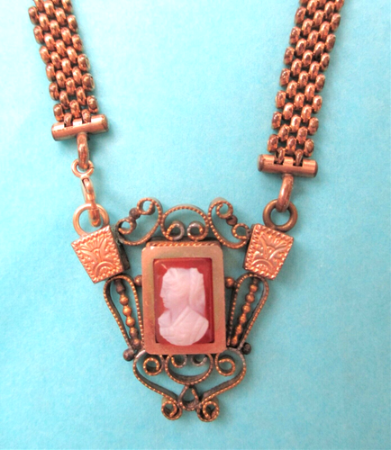 Antique 1890 Victorian Edwardian CAMEO NECKLACE Carnelian Gold Filled Mesh Chain - 第 1/5 張圖片