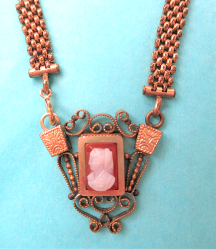 Antique 1890 Victorian Edwardian CAMEO NECKLACE Carnelian Gold Filled Mesh Chain - Picture 1 of 5