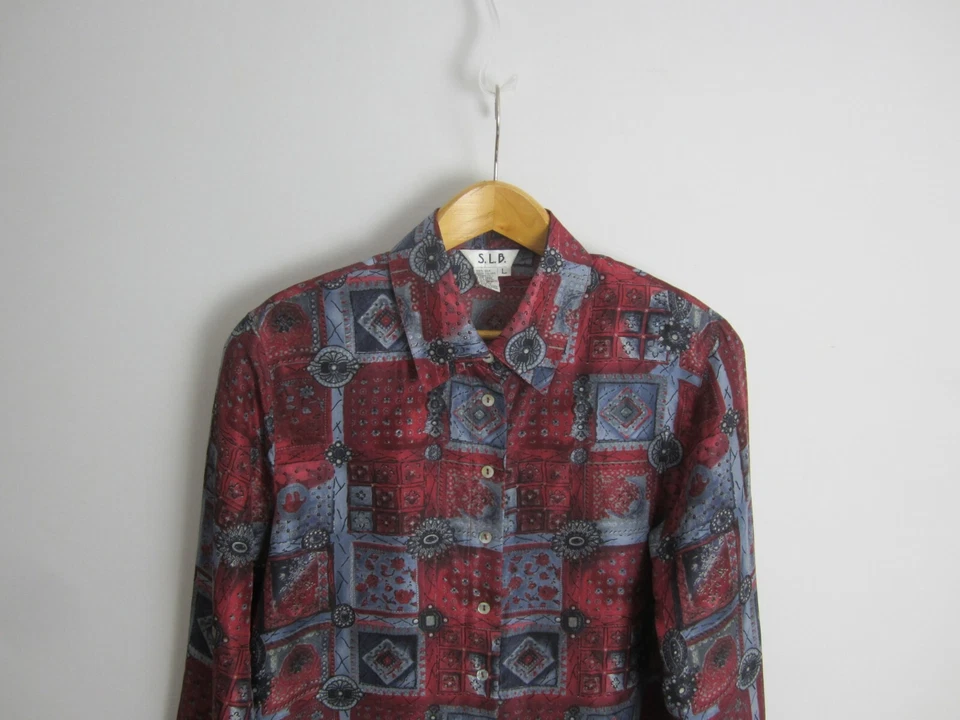 Antigo S.L.B. Blusa feminina grande borgonha roxa azul estampa burnout LS seda - Imagem 3 de 4