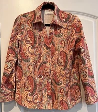 Rebecca Malone Button Up  Top Corduroy Pintuck Paisley Print Size Small