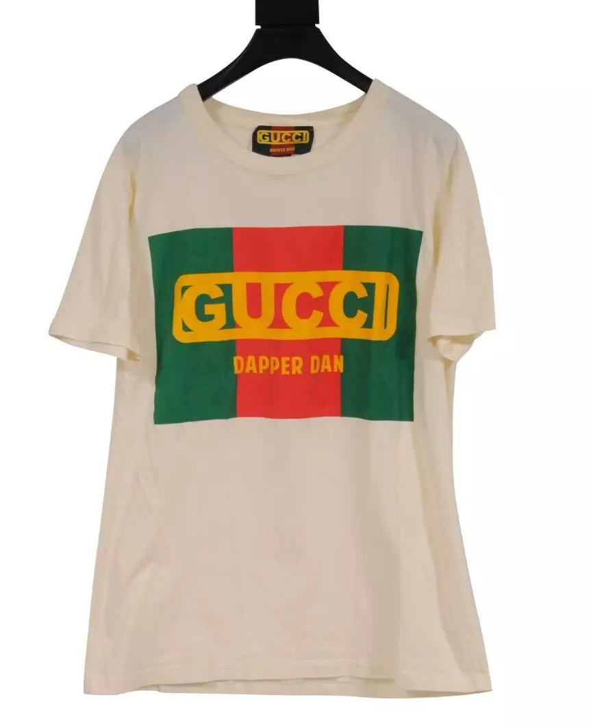 Gucci Men Dapper Dan Logo T Shirt Medium Cream White Green Cotton Short Sleeve