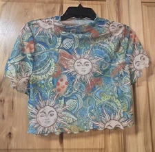 Shein Womens Size 2XL Short Sleeve Crop Top Semi Sheer Celestial Sun