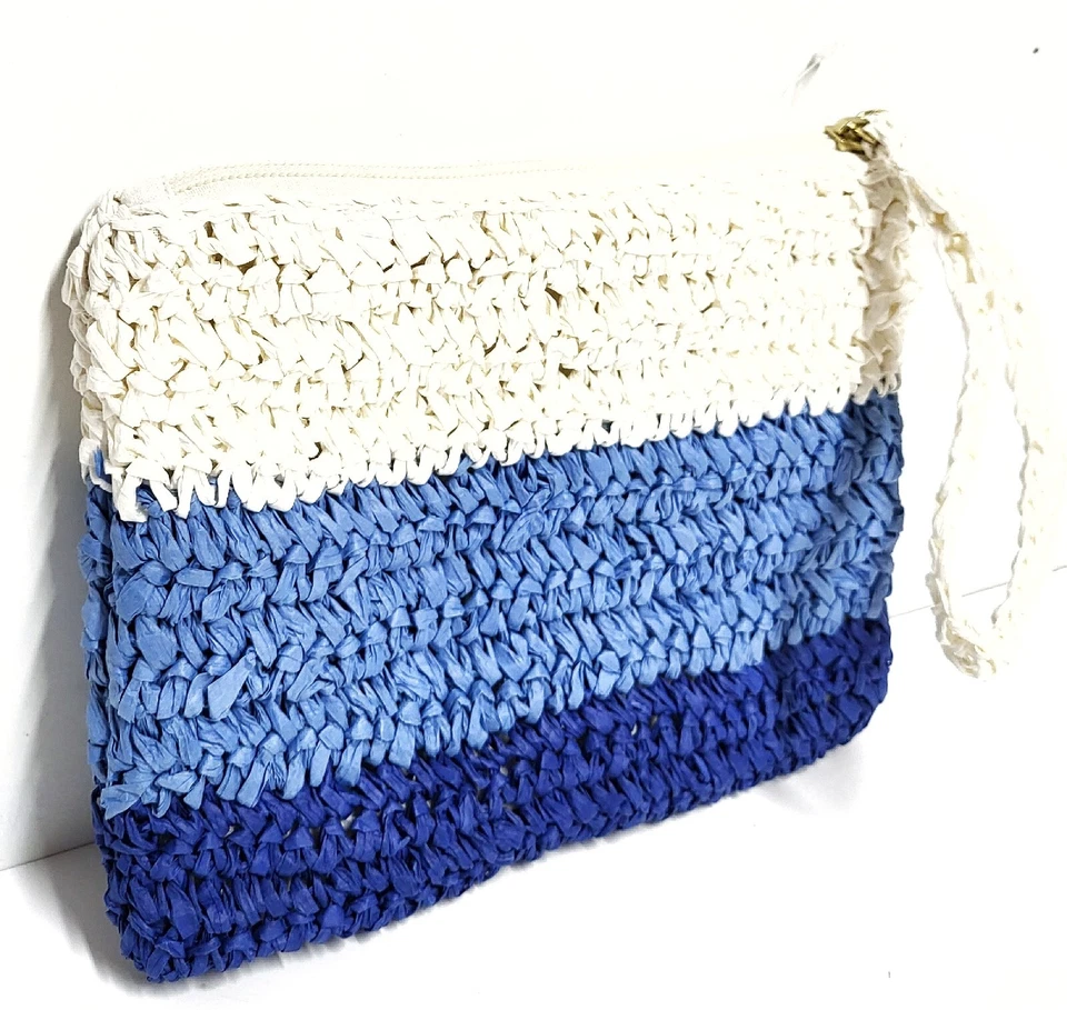 J.Crew Factory Striped Straw Wristlet Bag Blue Multi-Color Colorblock BN840 NWT - Image 3 of 4