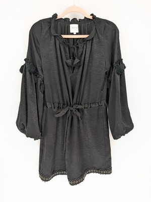 MISA Los Angeles Black Tasseled Mini Dress XS Cinched Waist Balloon Sleeves Boho