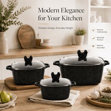 3PC Die Cast Casserole Pot Non Stick Cooking Casserole Pot Glass Lids 20/24/28cm