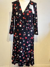 Roman size 14 black red and white floral pattern midi dress buttoned tea dress