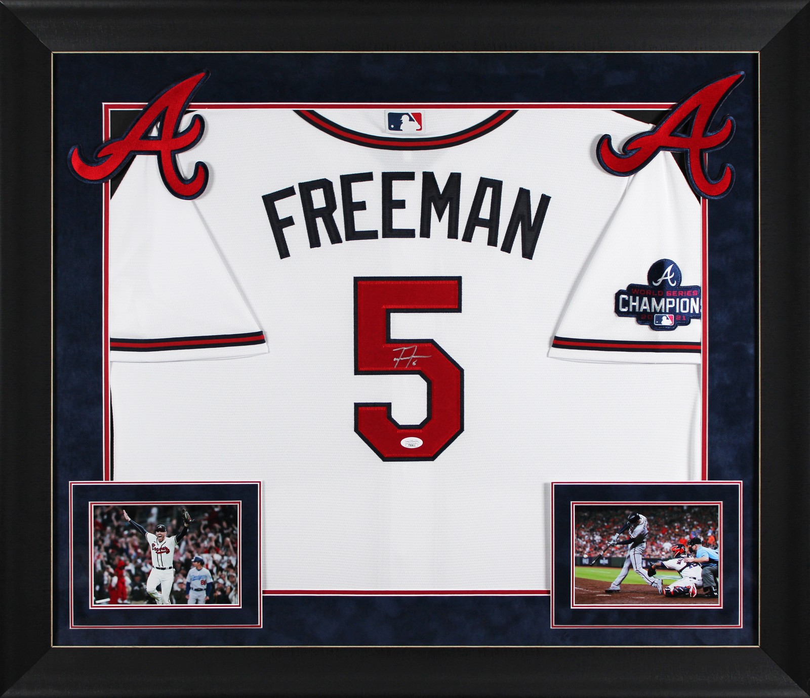 Freddie Freeman Autographed Signed Atlanta Braves Braves White Nike Framed Jersey w/ 2021 WS Patch JSA 